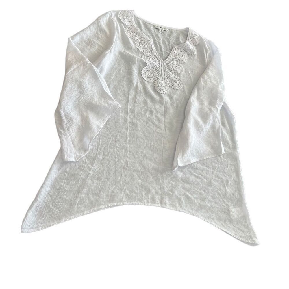 Counterparts Top White Woven Embroidered V Neck tunic blouse size M